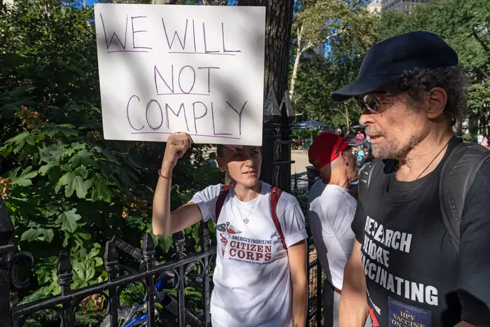 Anti-vaccination protesters march from Madison Square Park to Time Square against Covid-19 vaccination mandates on September 4th, 2021